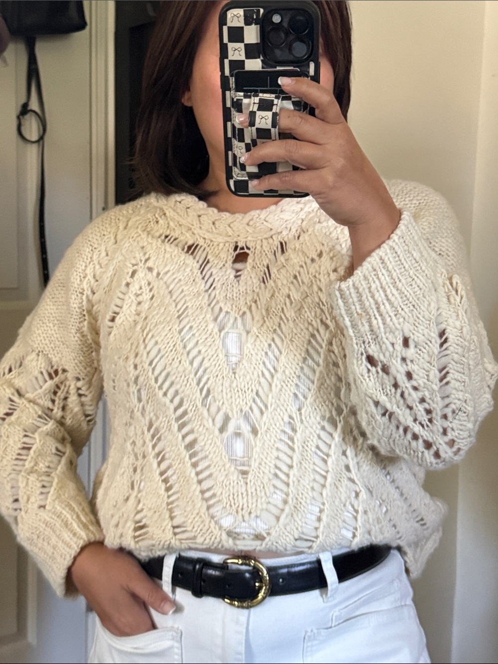 IRO 100% merino Wool Britaly Ecru Crochet Knit Oversized Sweater. Size 36/ M